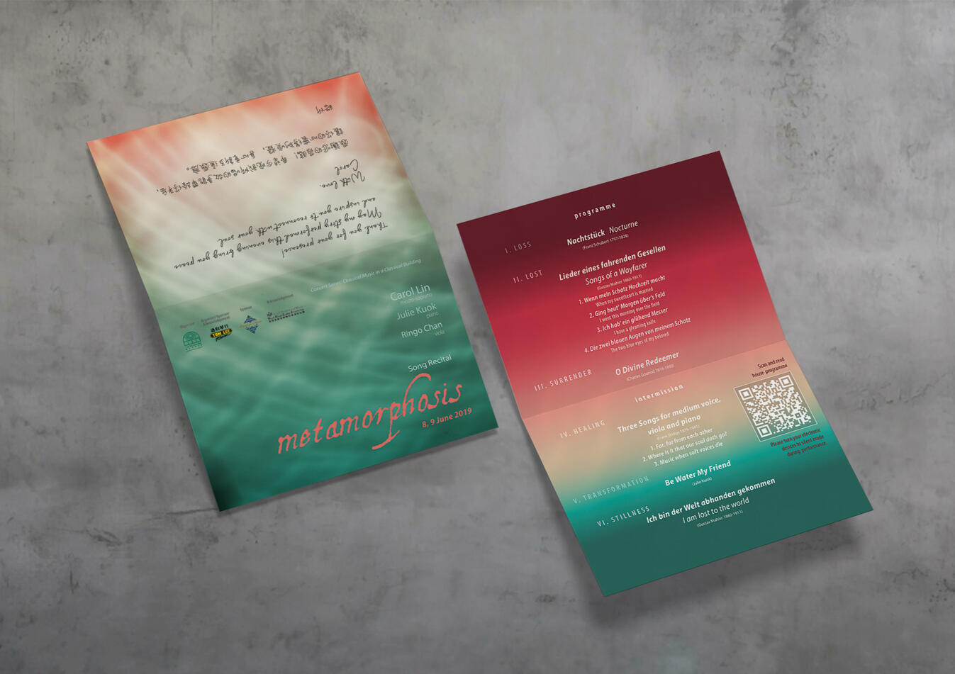 Concert Program Card - combines a brief rundown, acknowledgement message and a QR code for detailed house program download